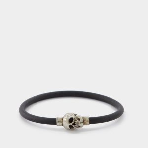 Bracelets | Bracelet En Corde Caoutchouc Skull En Laiton Argenté / Noir Argenté – 8560 Natural/A.Silver | Alexander McQueen Femme/Homme