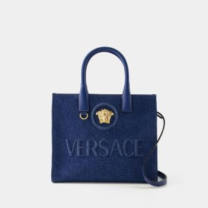 Cabas | Tote Bag Small La Medusa – Versace – Coton – Bleu Marine Blue – Navy Blue-Versace Gold |  Femme